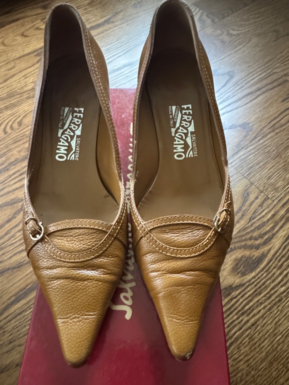 Salvatore Ferragamo Cognac Pointed Toe Leather Flats with Gold Accent